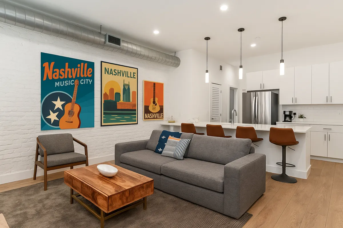 A stylish lounge area showcasing vibrant Nashville-inspired artwork, a modern sofa, and a wooden coffee table. The arrangement is tailored for socializing, relaxing, and infusing local character into every moment spent together.