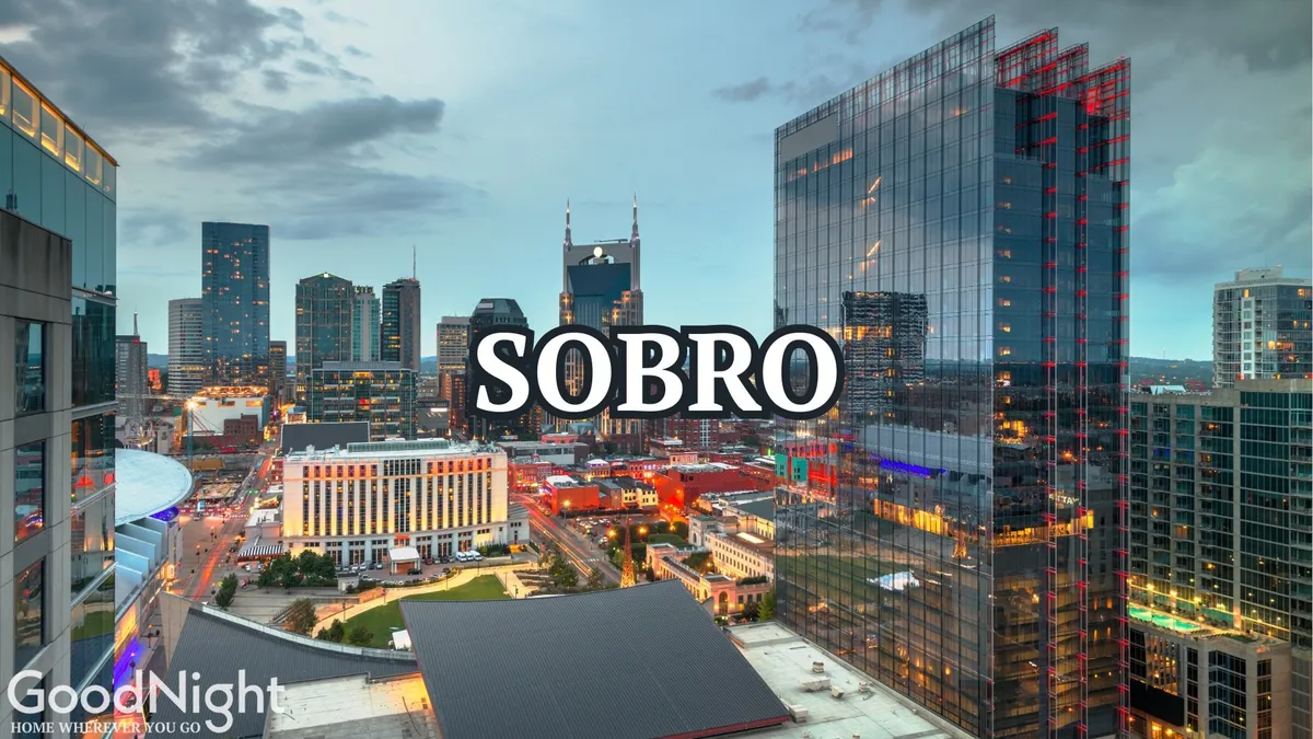 An evening view of the city skyline with bright building lights and the 'SOBRO' text visible. The atmosphere is urban and energetic, hinting at the vibrant nightlife and entertainment options the area offers.
