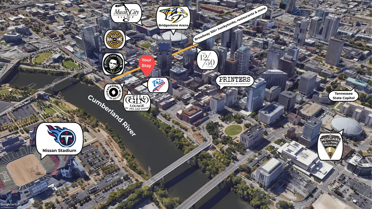 A sweeping exterior cityscape showing the Cumberland River, Nissan Stadium, Bridgestone Arena, and downtown Nashville. The image highlights iconic venues and the vibrant city life surrounding key attractions.