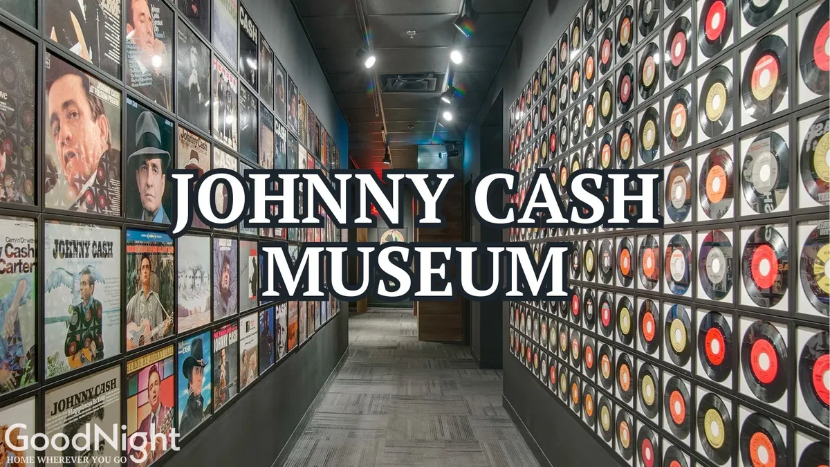 This image features walls adorned with album covers and vinyl records, alongside Johnny Cash memorabilia. Interactive displays and listening stations are visible, creating a vibrant homage to music history and the legendary Johnny Cash.